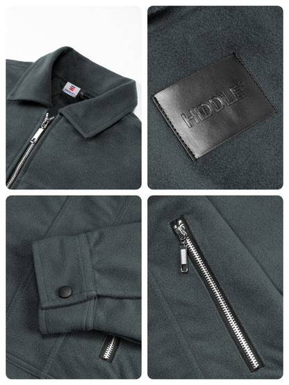 Collage of a dark gray jacket with close-up details on collar, zipper, and brand label.