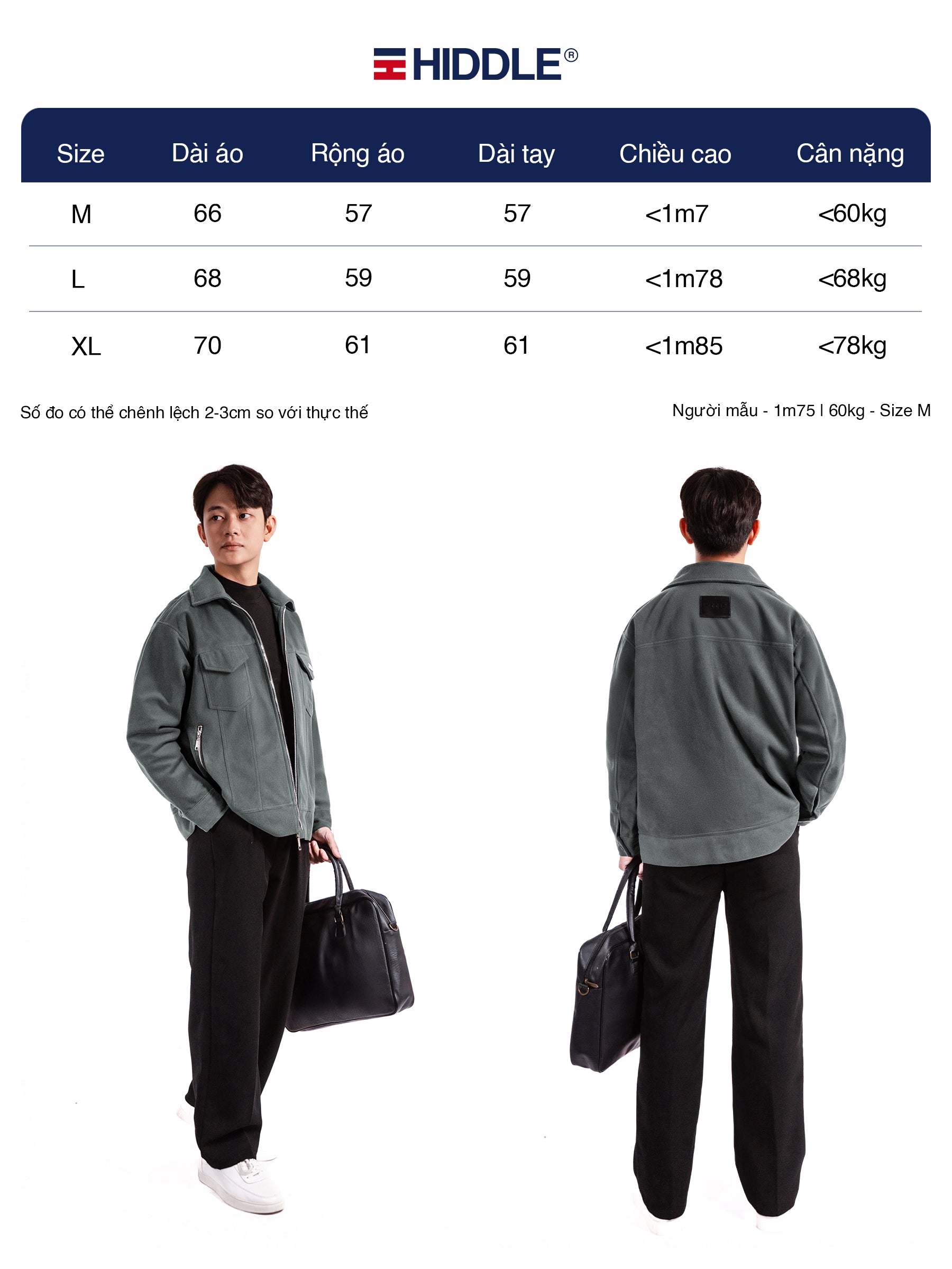 Person wearing a gray jacket with size chart and Hiddle branding