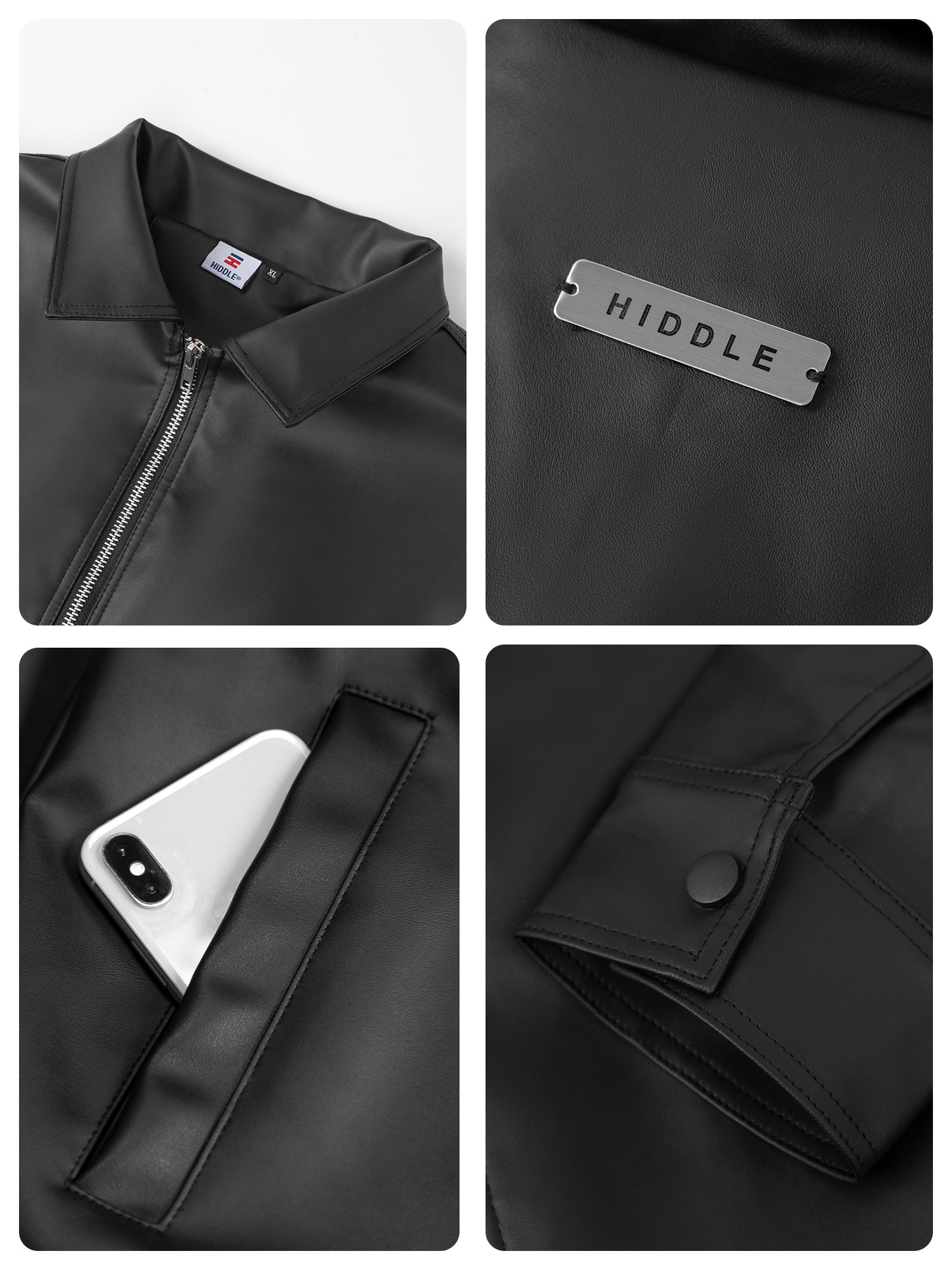 Collage of a black jacket with close-up details on collar, brand name tag, pocket, and phone pocket.