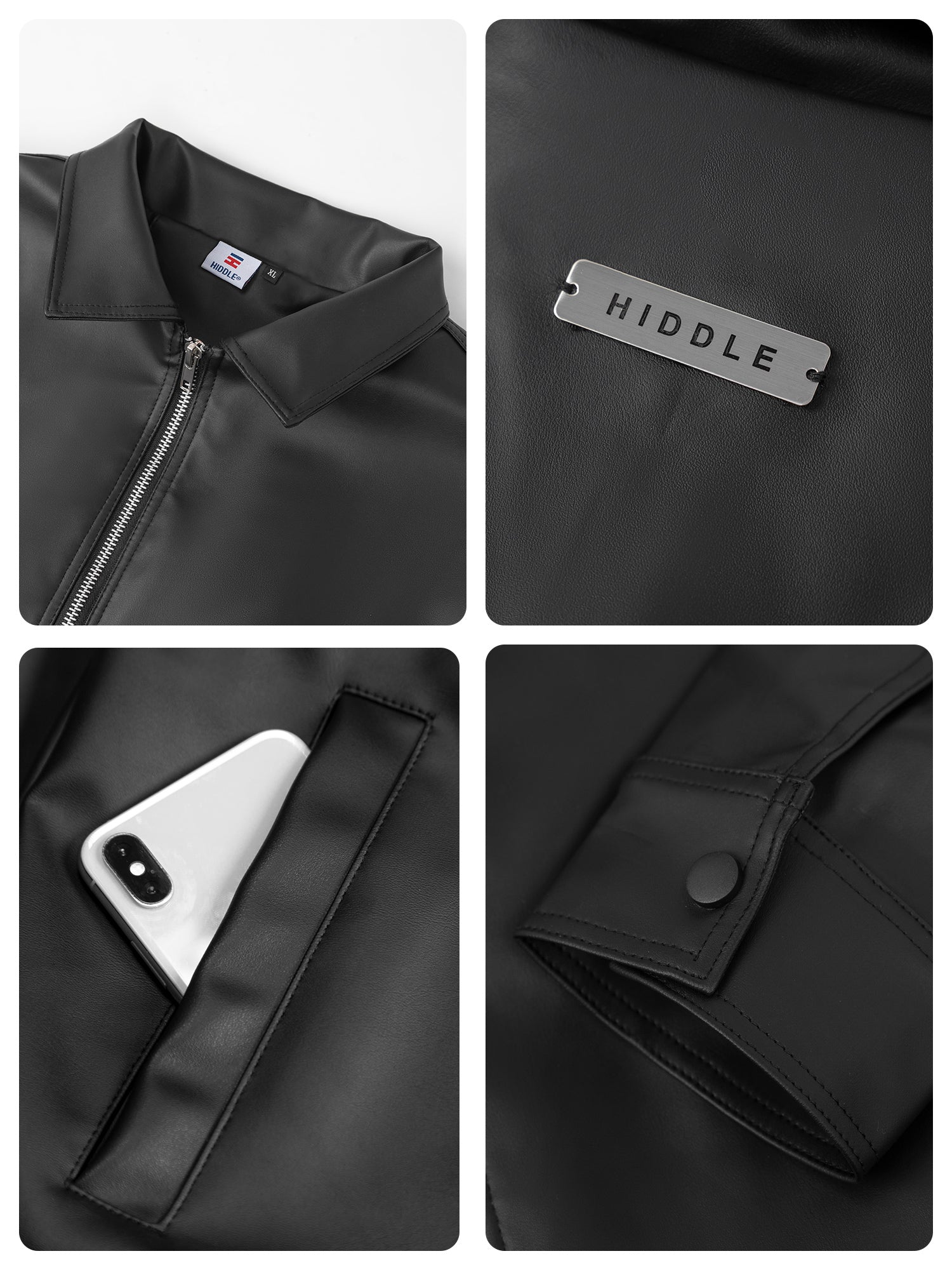 Collage of a black jacket with close-up details on collar, brand name tag, pocket, and phone pocket.