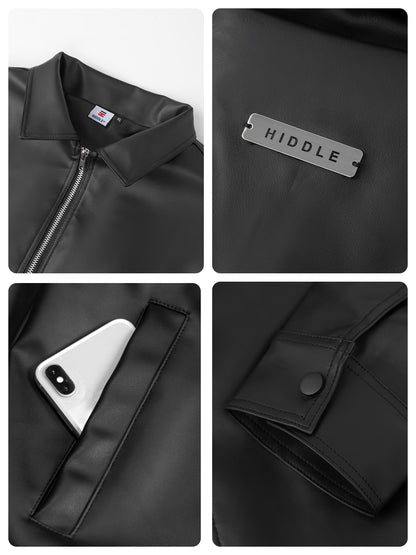 Collage of a black jacket with close-up details on collar, brand name tag, pocket, and phone pocket.