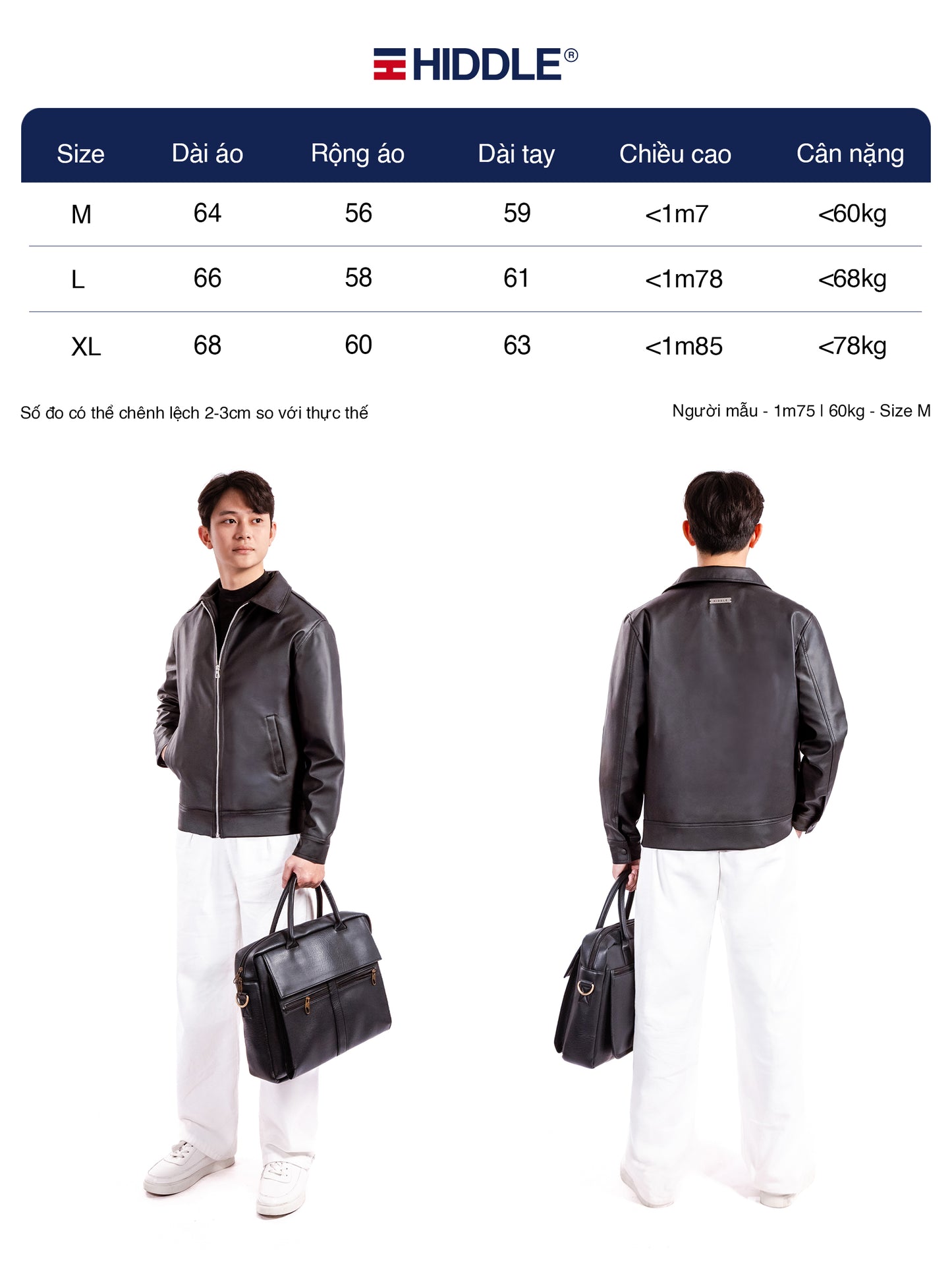 Size chart for a leather jacket with Hiddle branding, showing front and back views of a person wearing the jacket.