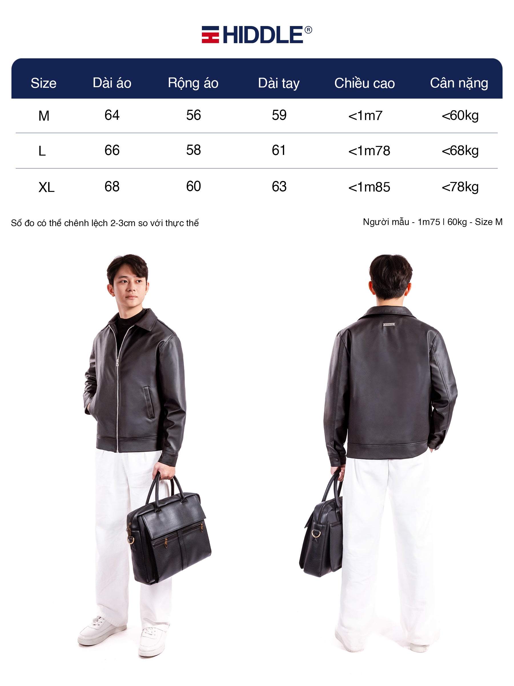 Size chart for a leather jacket with Hiddle branding, showing front and back views of a person wearing the jacket.