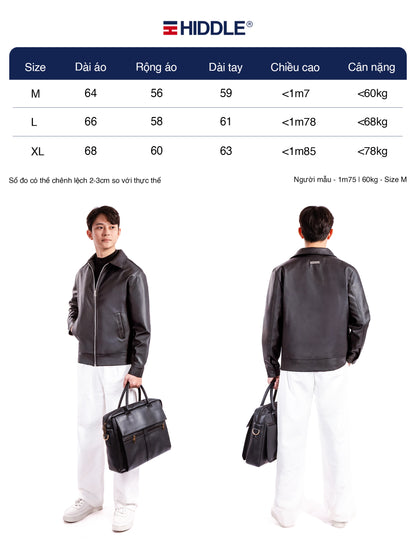 Size chart for a leather jacket with Hiddle branding, showing front and back views of a person wearing the jacket.