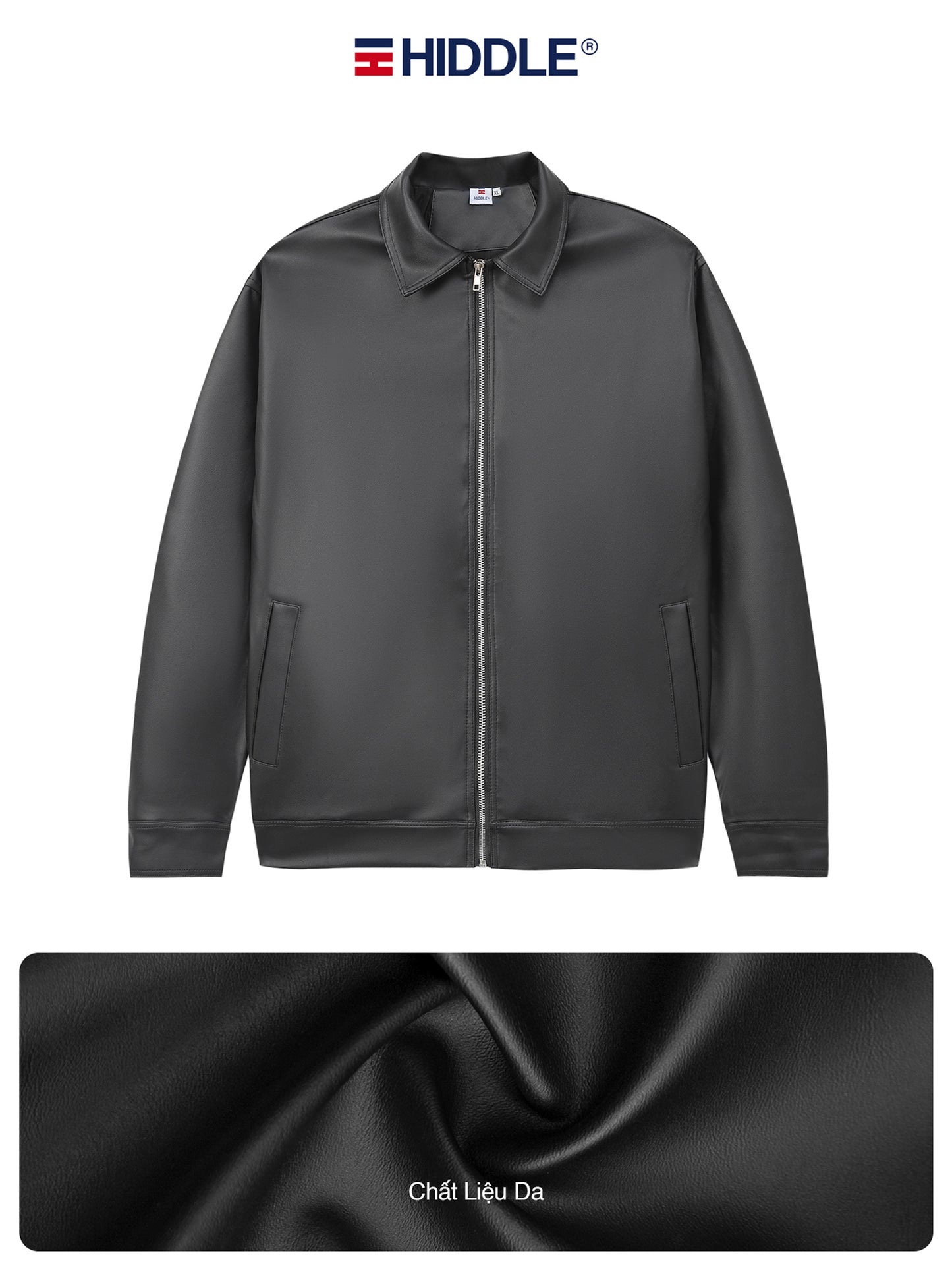 Dark gray jacket with Hiddle logo on a white background