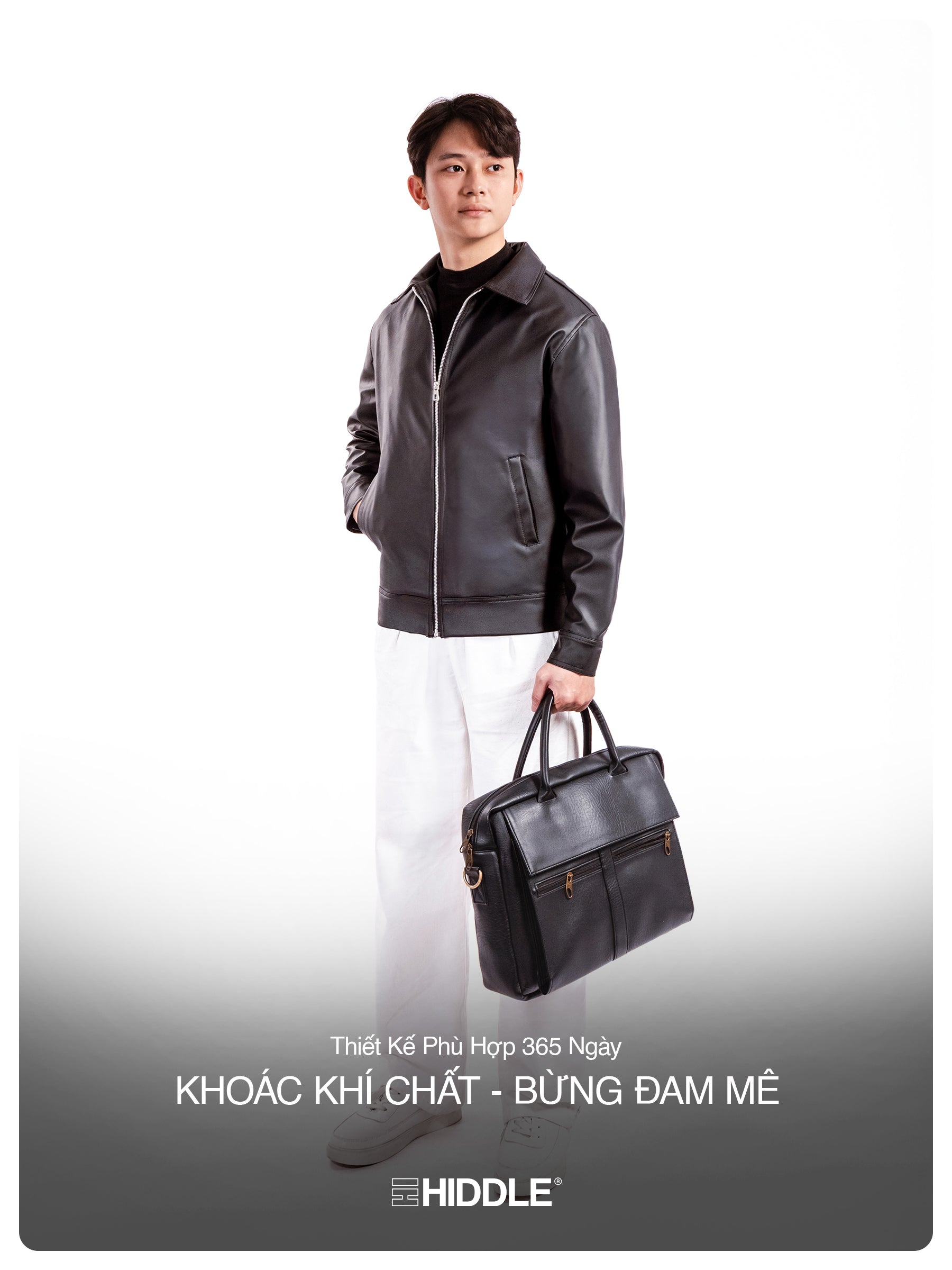 Man holding a black leather briefcase against a white background, with 'Hiddle' branding.