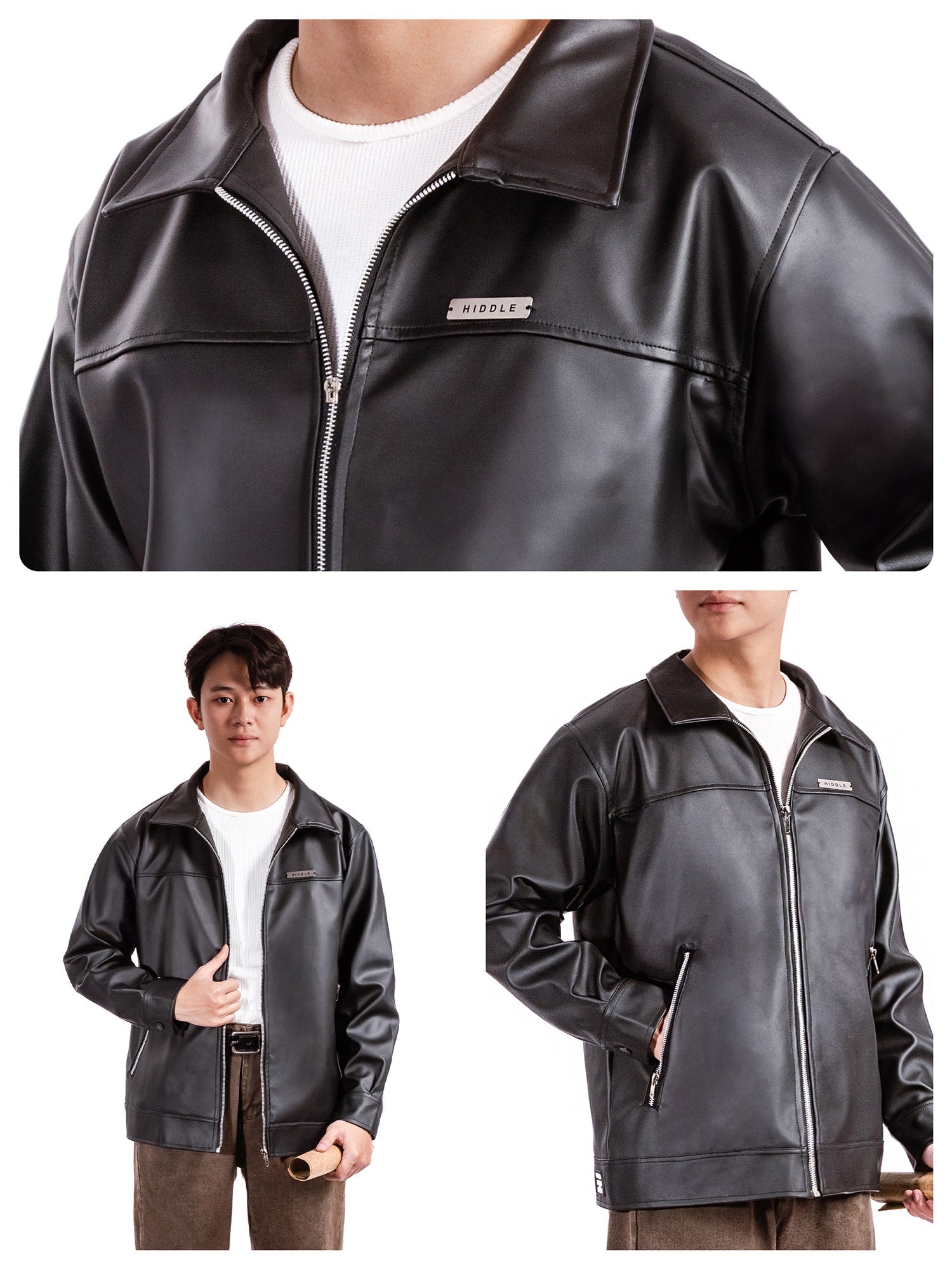 Black leather jacket with a brand logo, shown on a person against a white background.