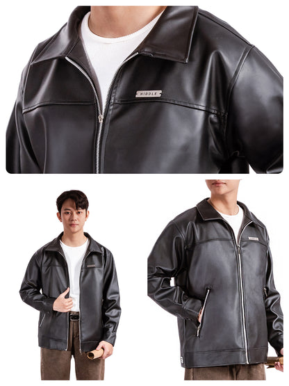 Black leather jacket with a brand logo, shown on a person against a white background.