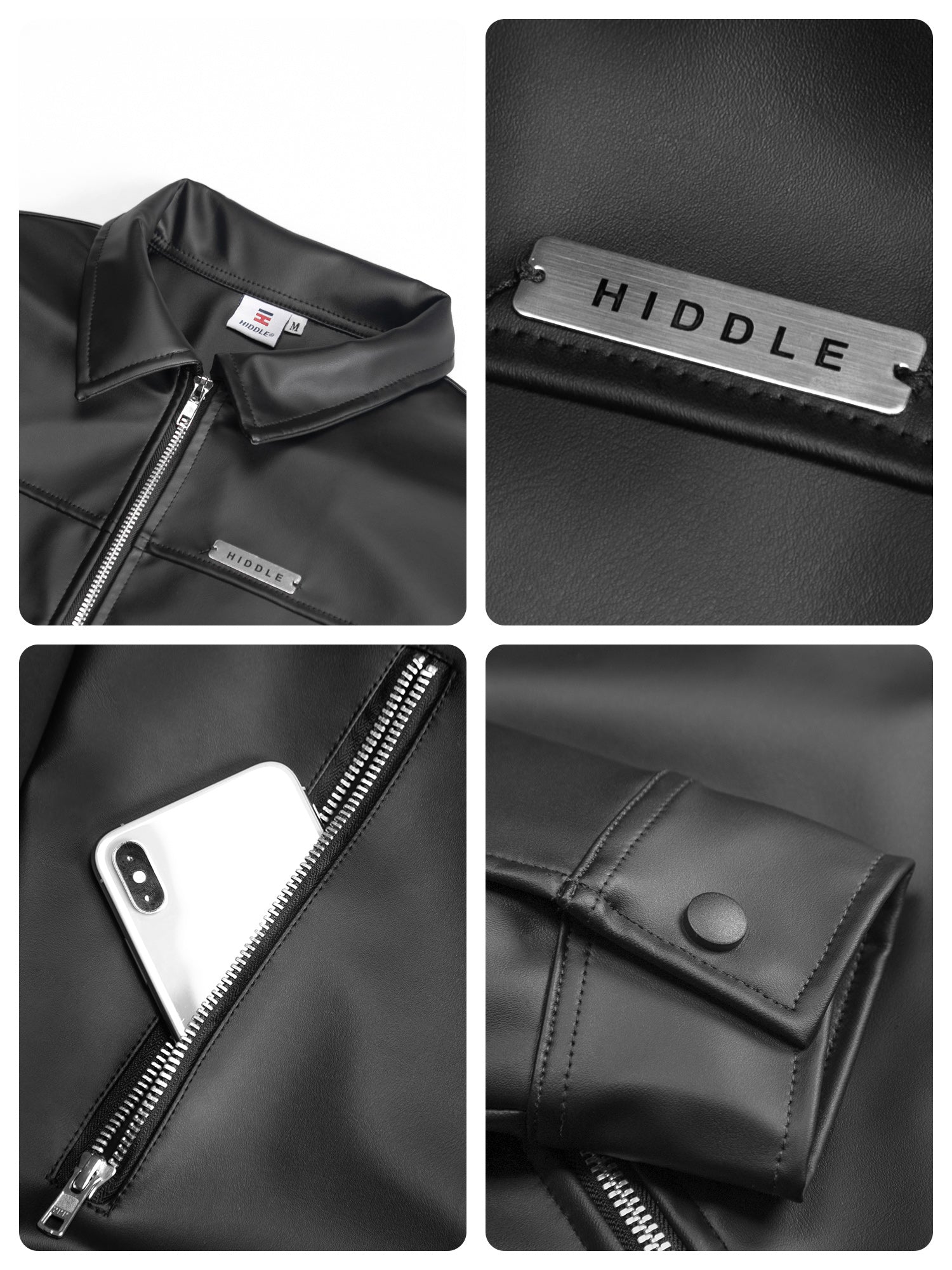 Collage of a black leather jacket with visible branding and features.