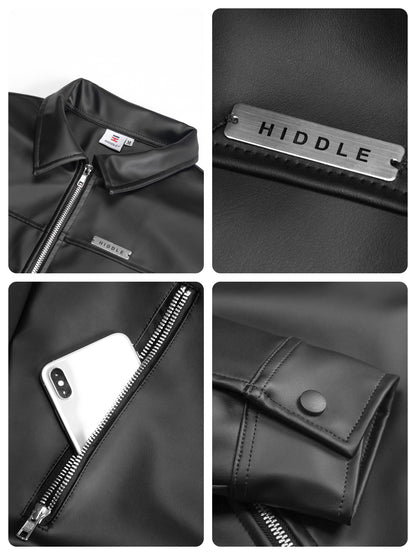 Collage of a black leather jacket with visible branding and features.