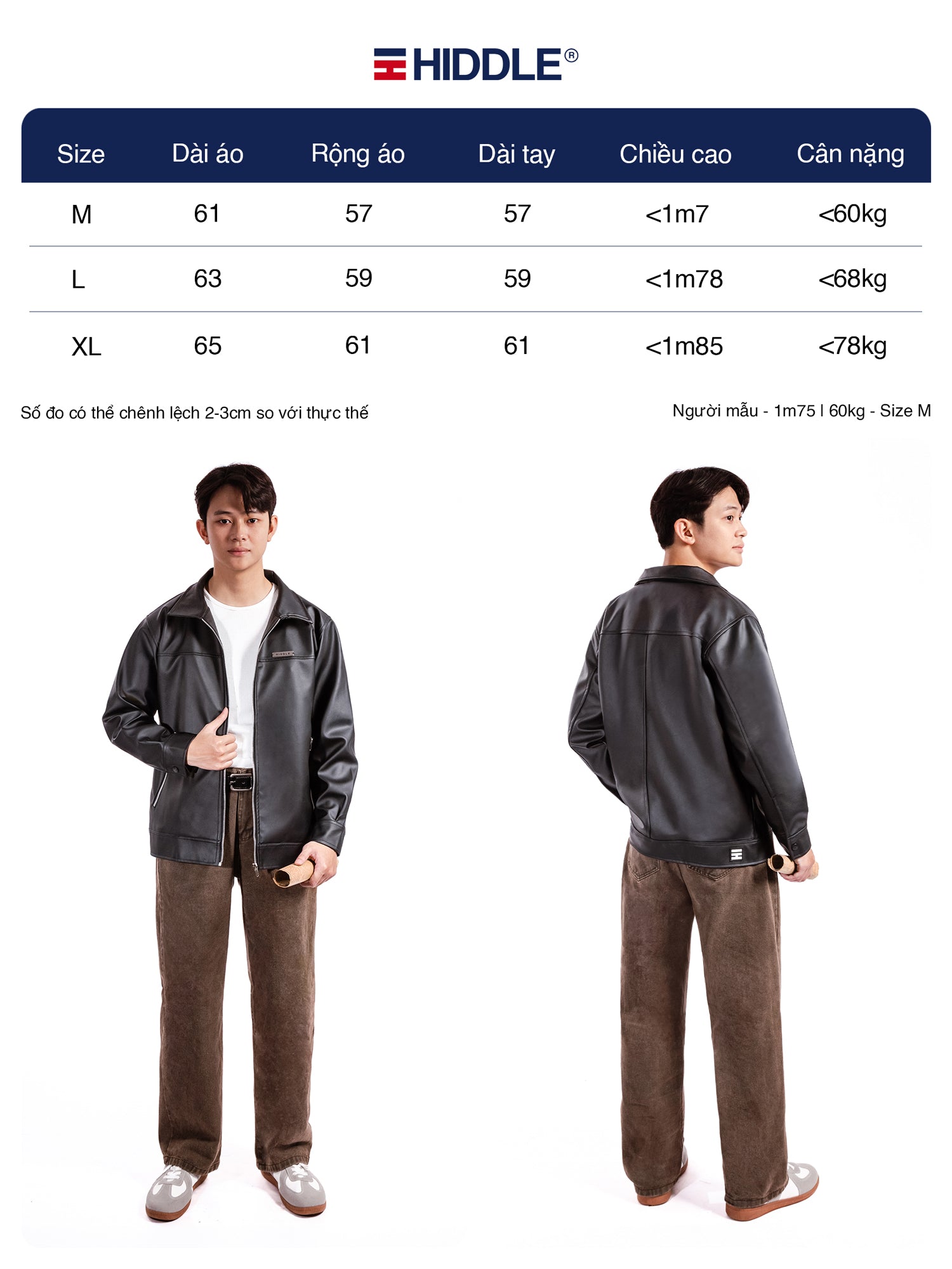 Person wearing a jacket and pants with size chart on a white background, featuring the brand 'Hiddle'.