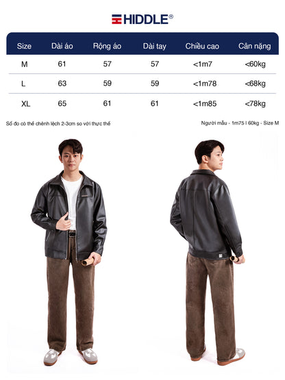 Person wearing a jacket and pants with size chart on a white background, featuring the brand 'Hiddle'.