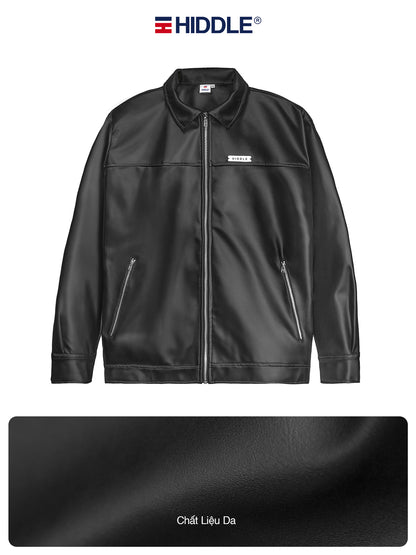 Black leather jacket with visible brand logo on a white background