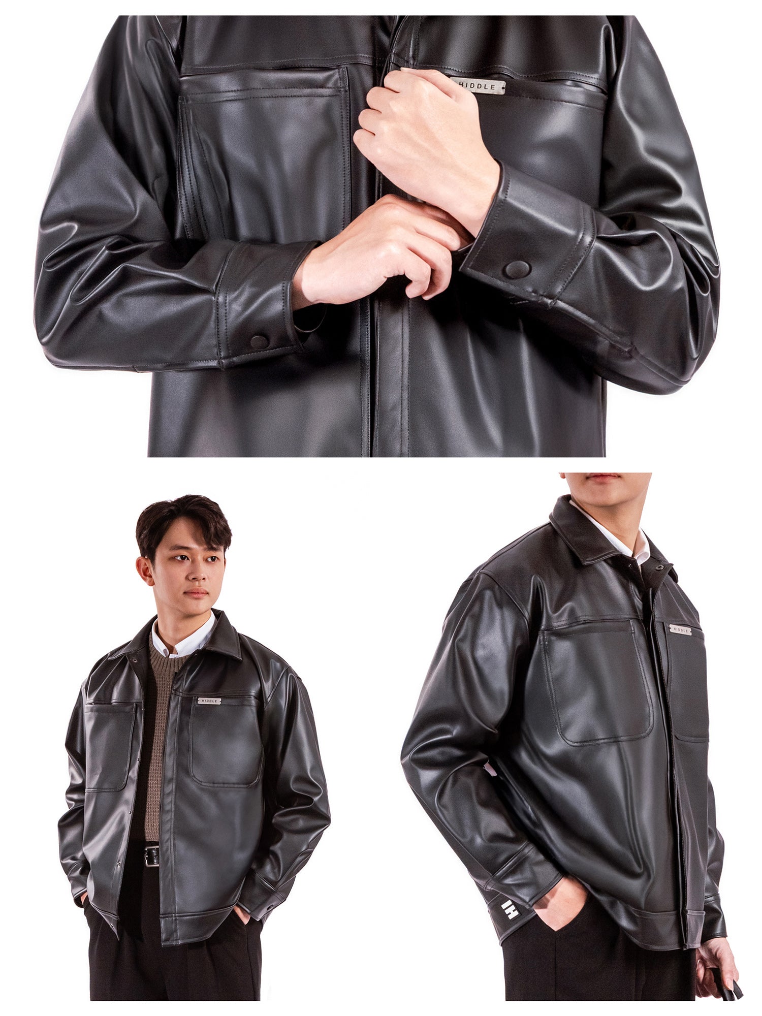 Black leather jacket with close-up details and a person wearing it on a white background