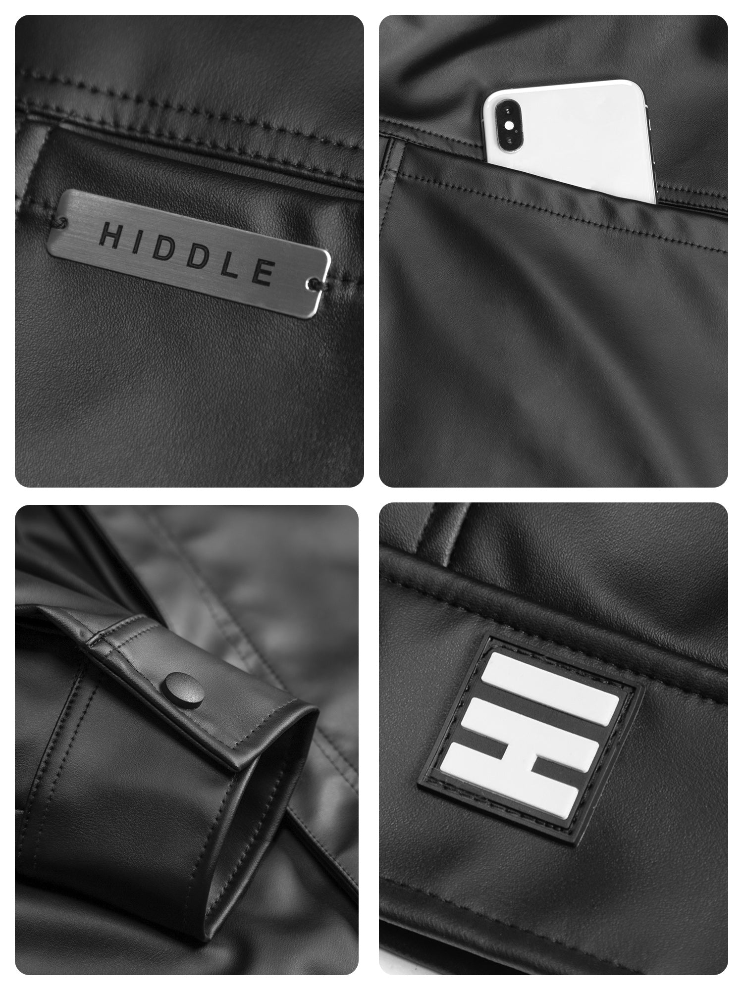 Collage of a black jacket with visible branding and design details.