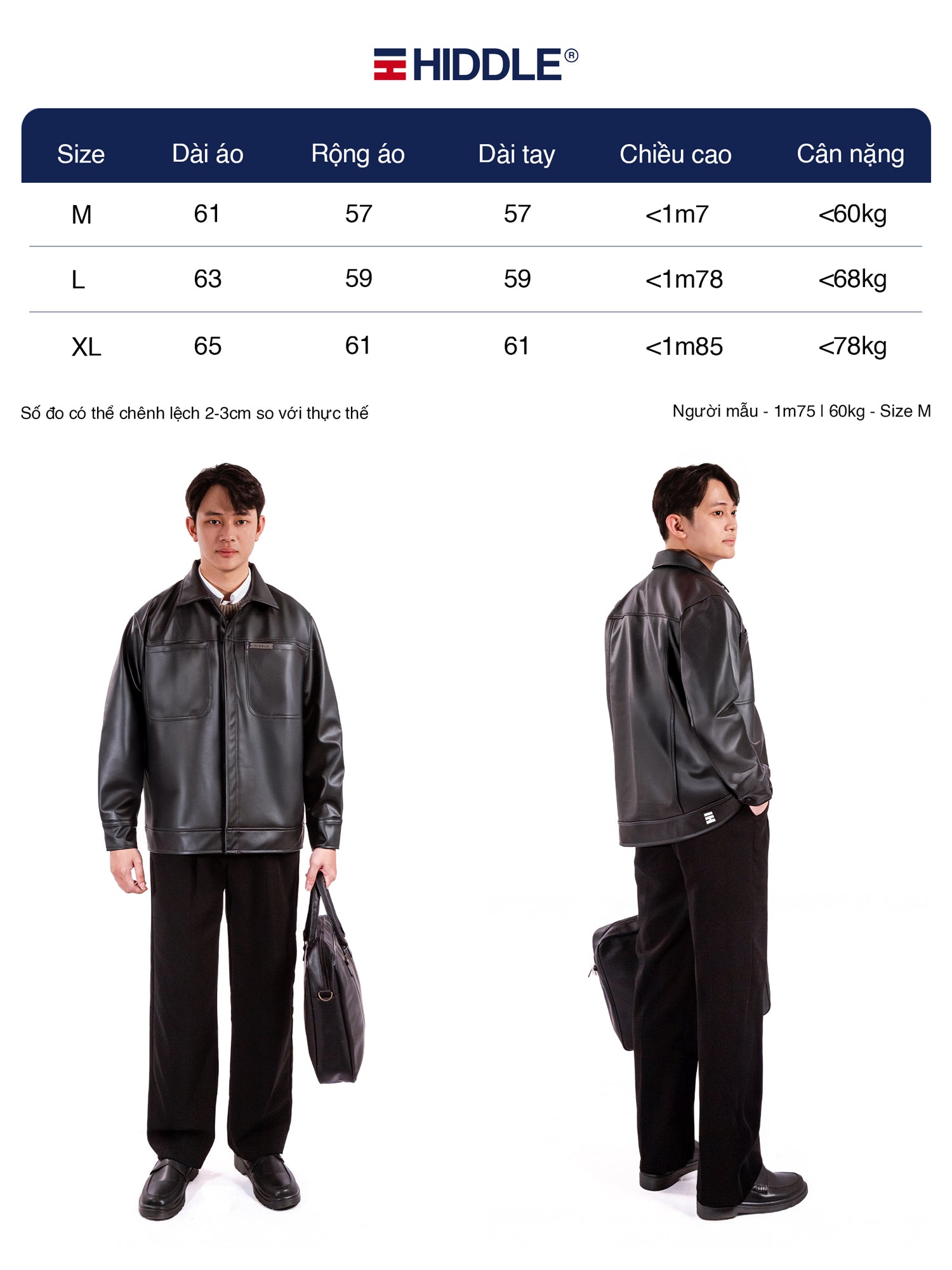 Hiddle jacket size chart with two models wearing the jacket.
