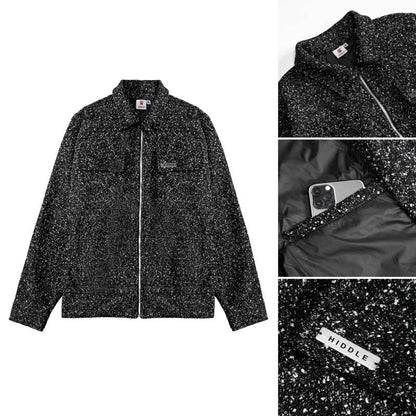 Black speckled jacket with a brand logo on a white background