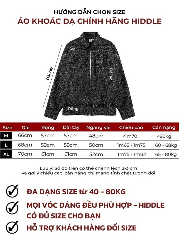 Black jacket with size chart and measurement details on a white background