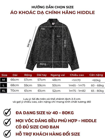 Black jacket with size chart and measurement details on a white background