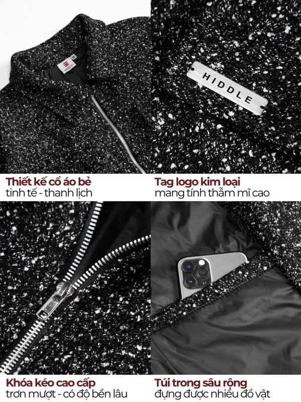 Black glittery jacket with brand tag and product features highlighted