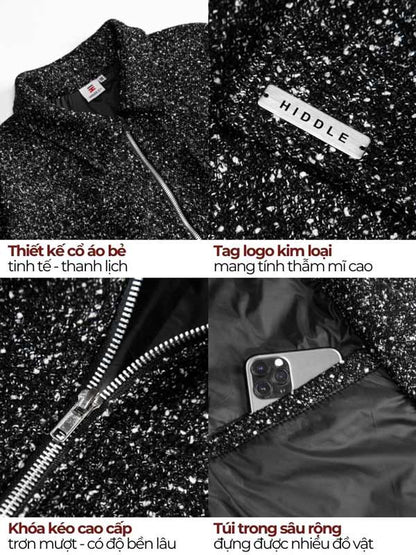 Black glittery jacket with brand tag and product features highlighted