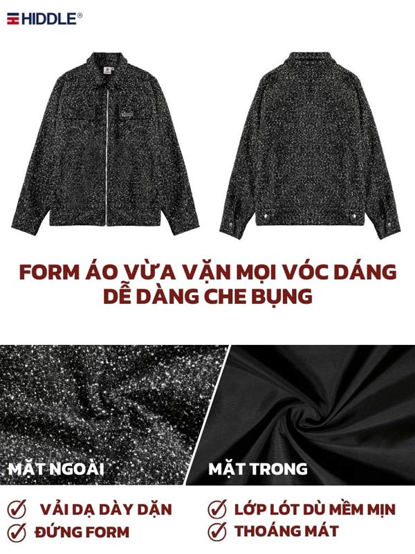 Black jacket with front and back views, fabric texture details, and Hiddle brand logo.