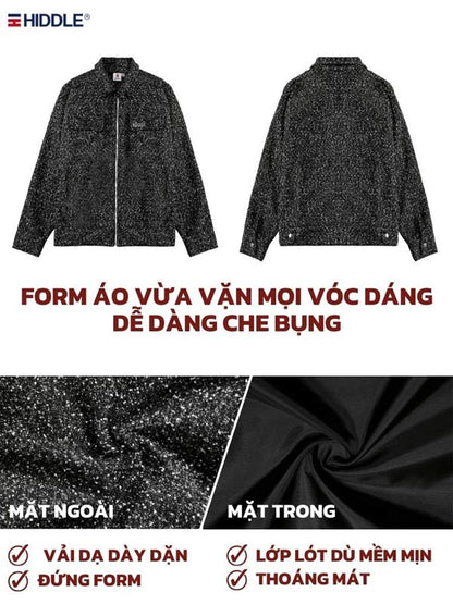 Black jacket with front and back views, fabric texture details, and Hiddle brand logo.