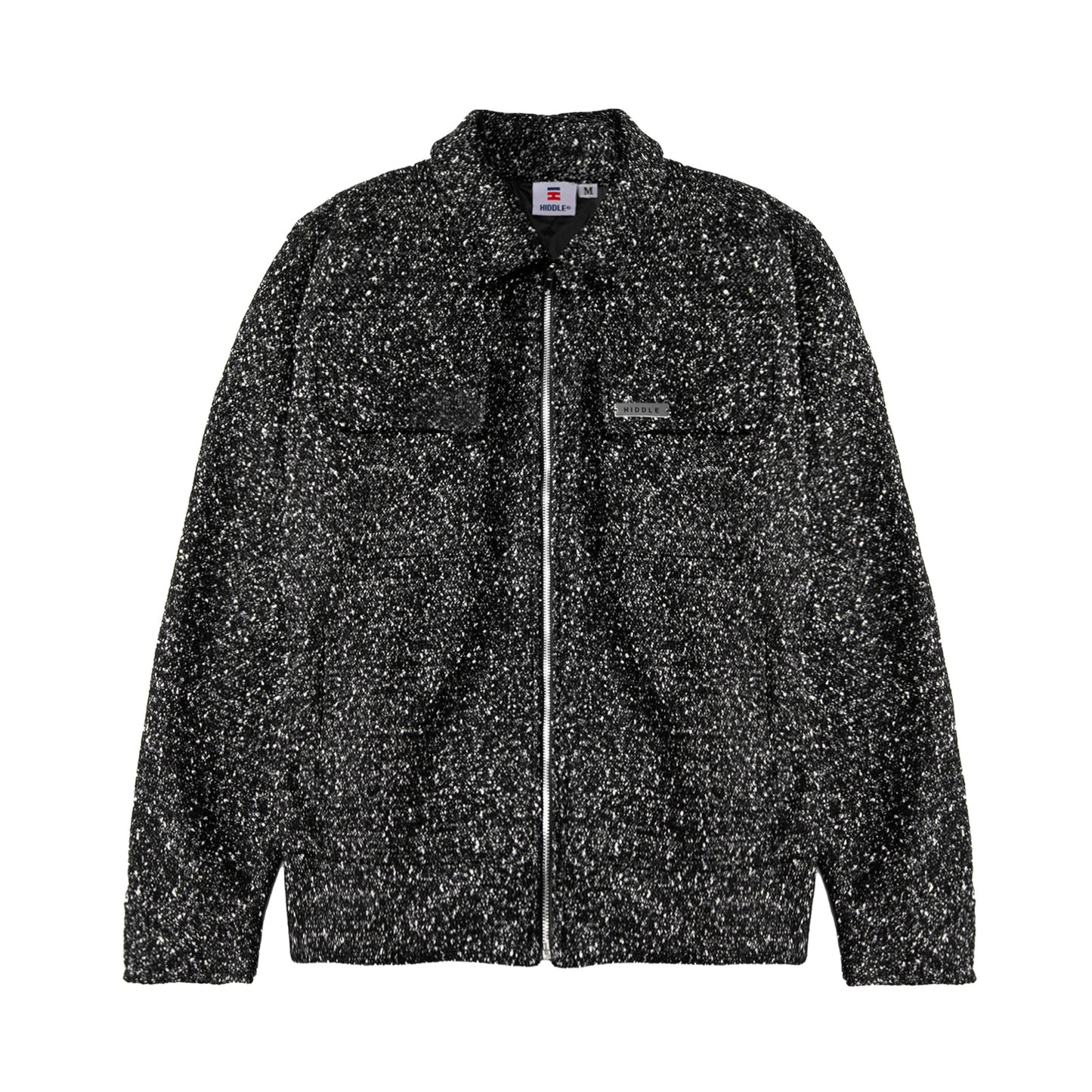 Black and gray speckled jacket on a white background