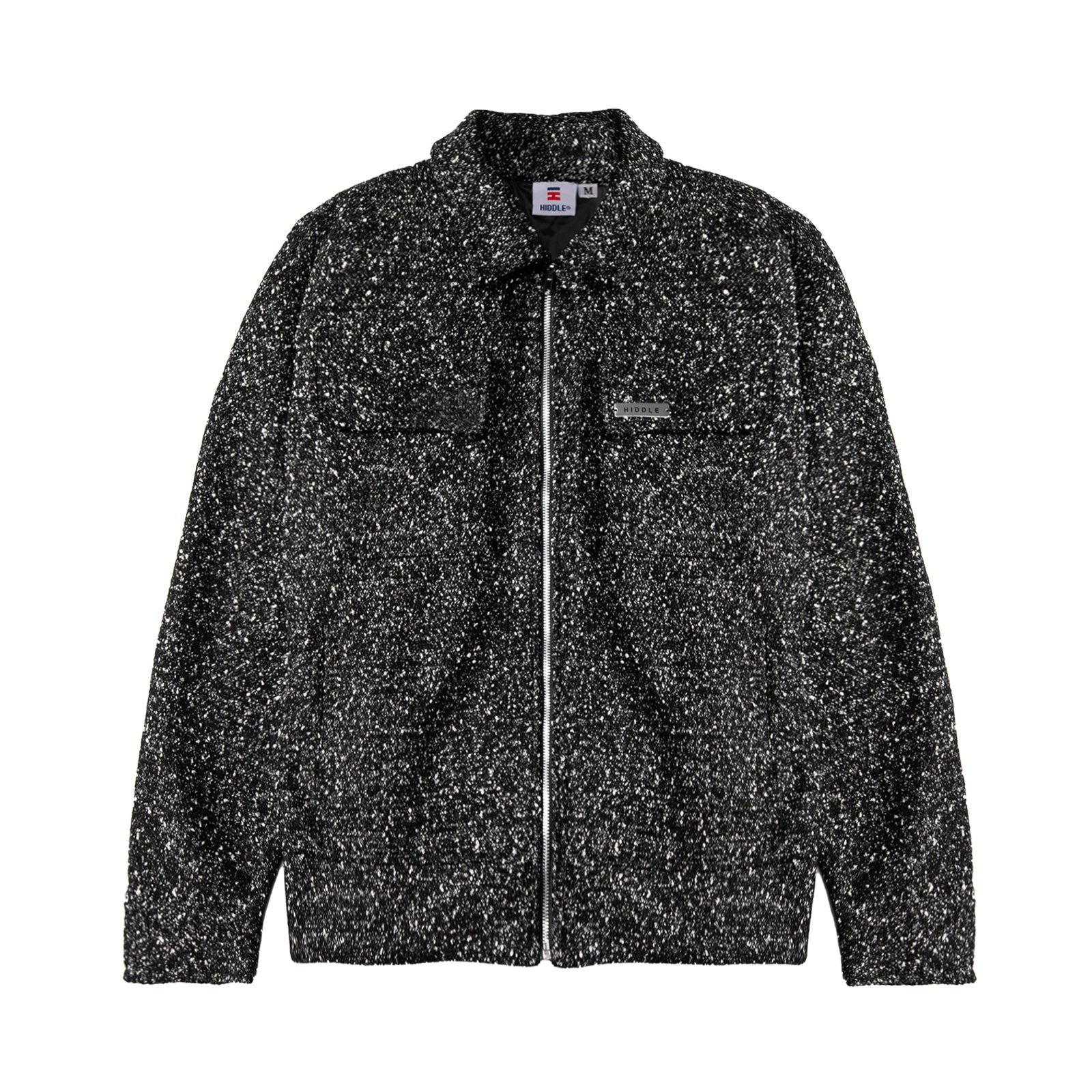Black and gray speckled jacket on a white background