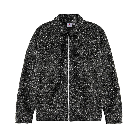 Black and gray speckled jacket on a white background