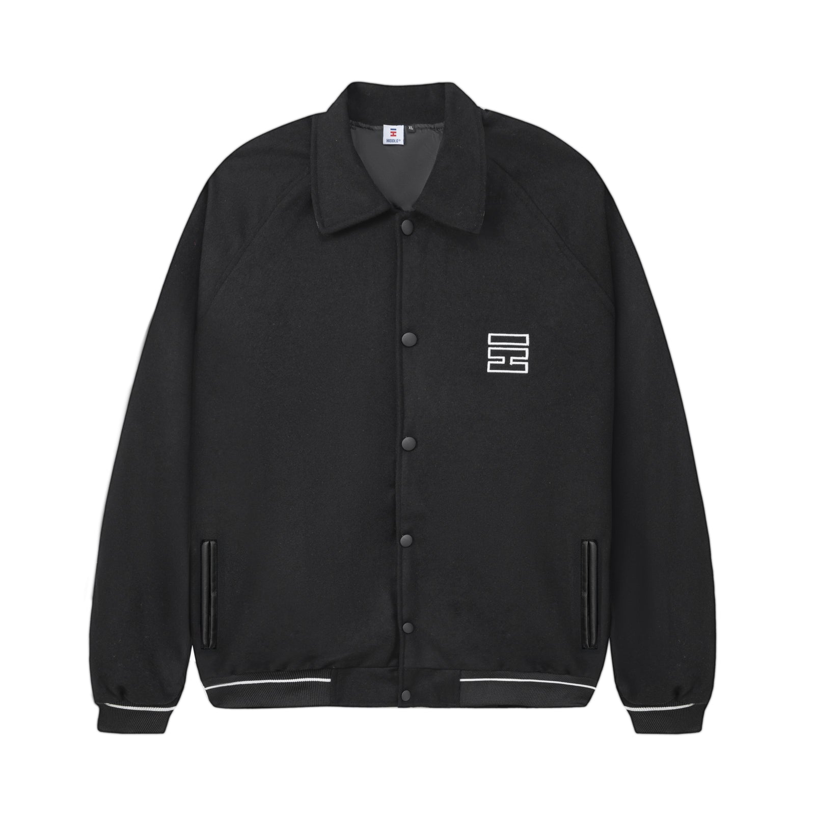 Black jacket with a logo on a white background