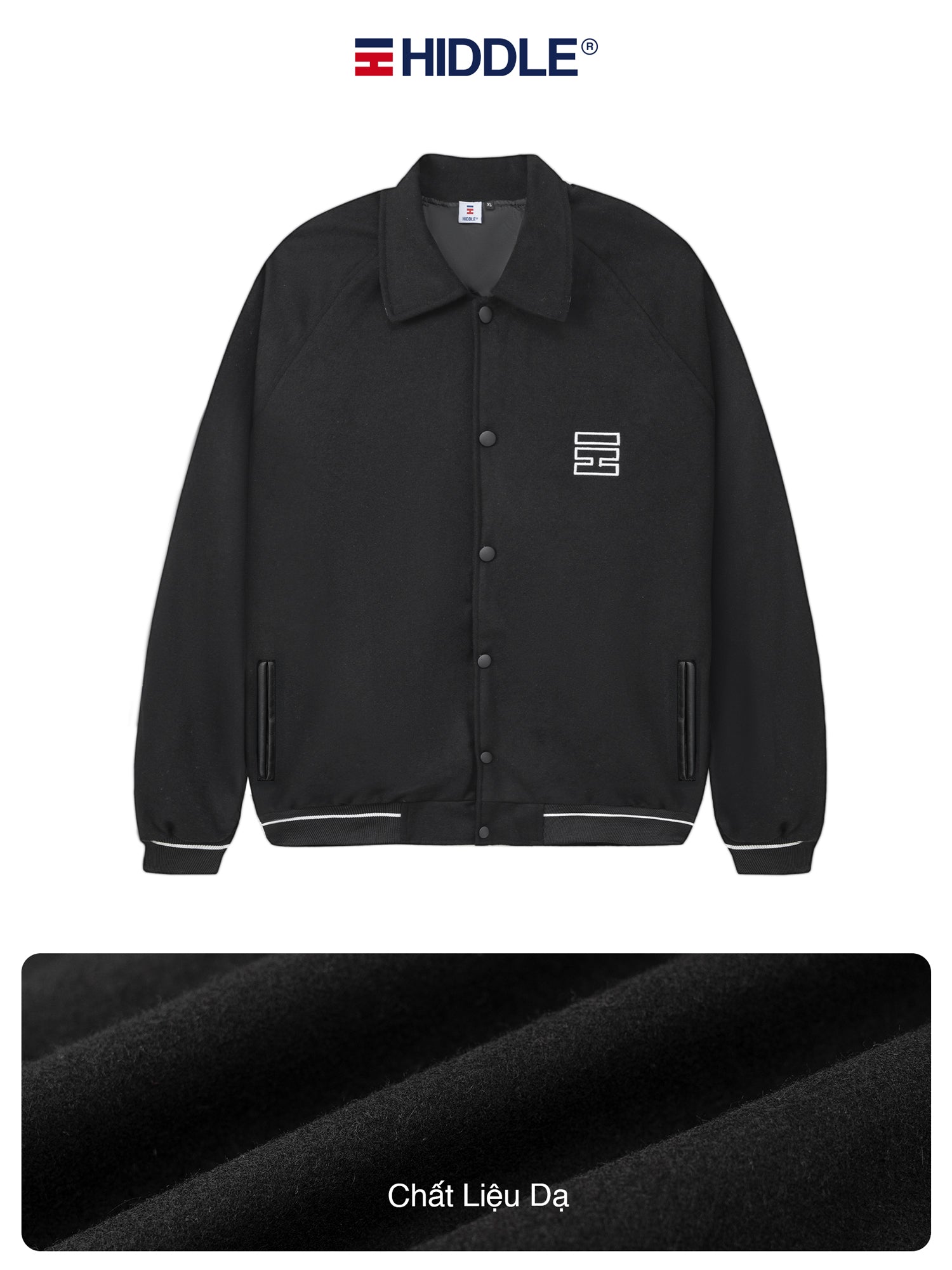 Black jacket with a small logo on a white background, featuring the brand 'Hiddle'.