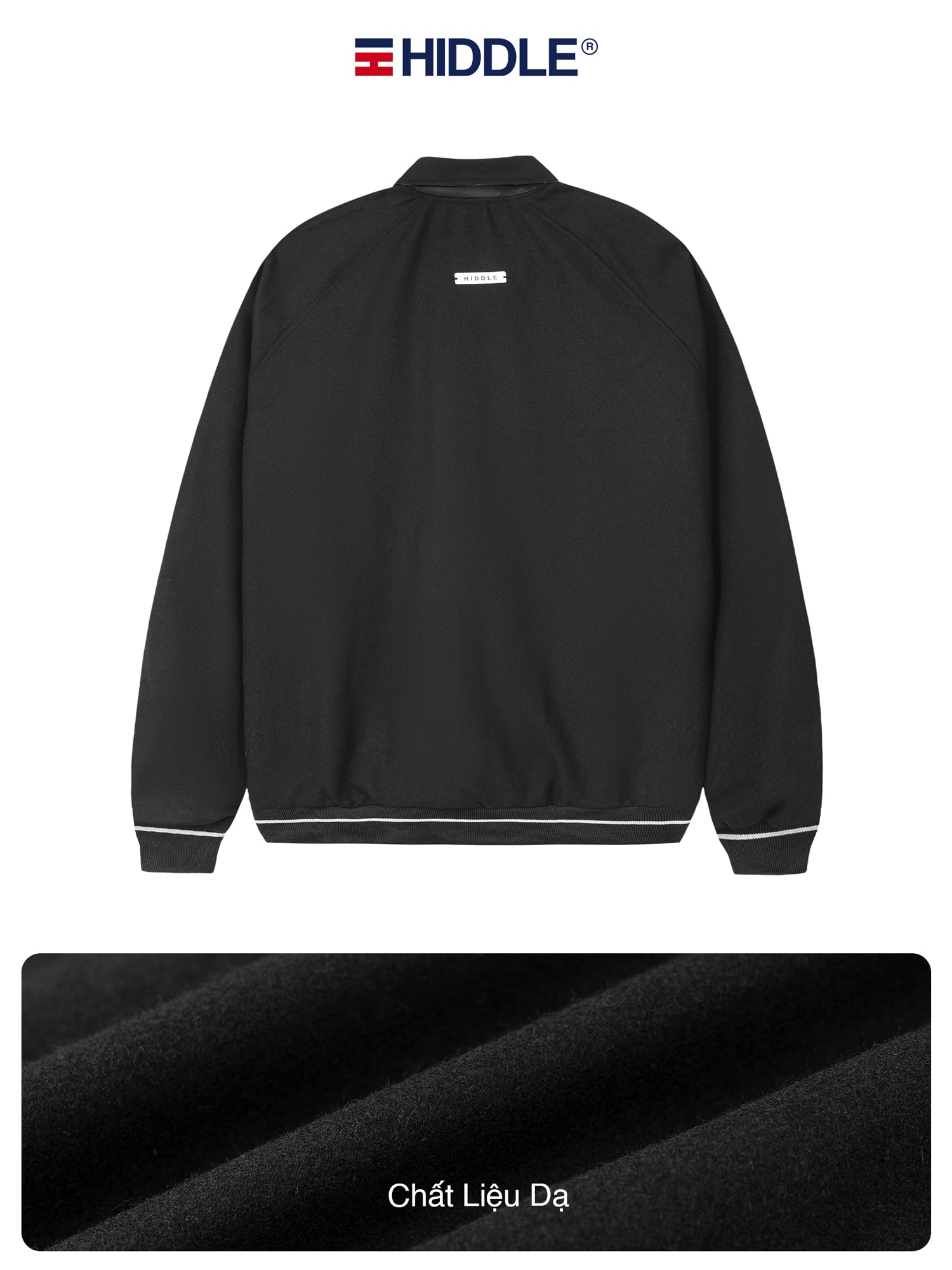 Black jacket with visible branding on a white background