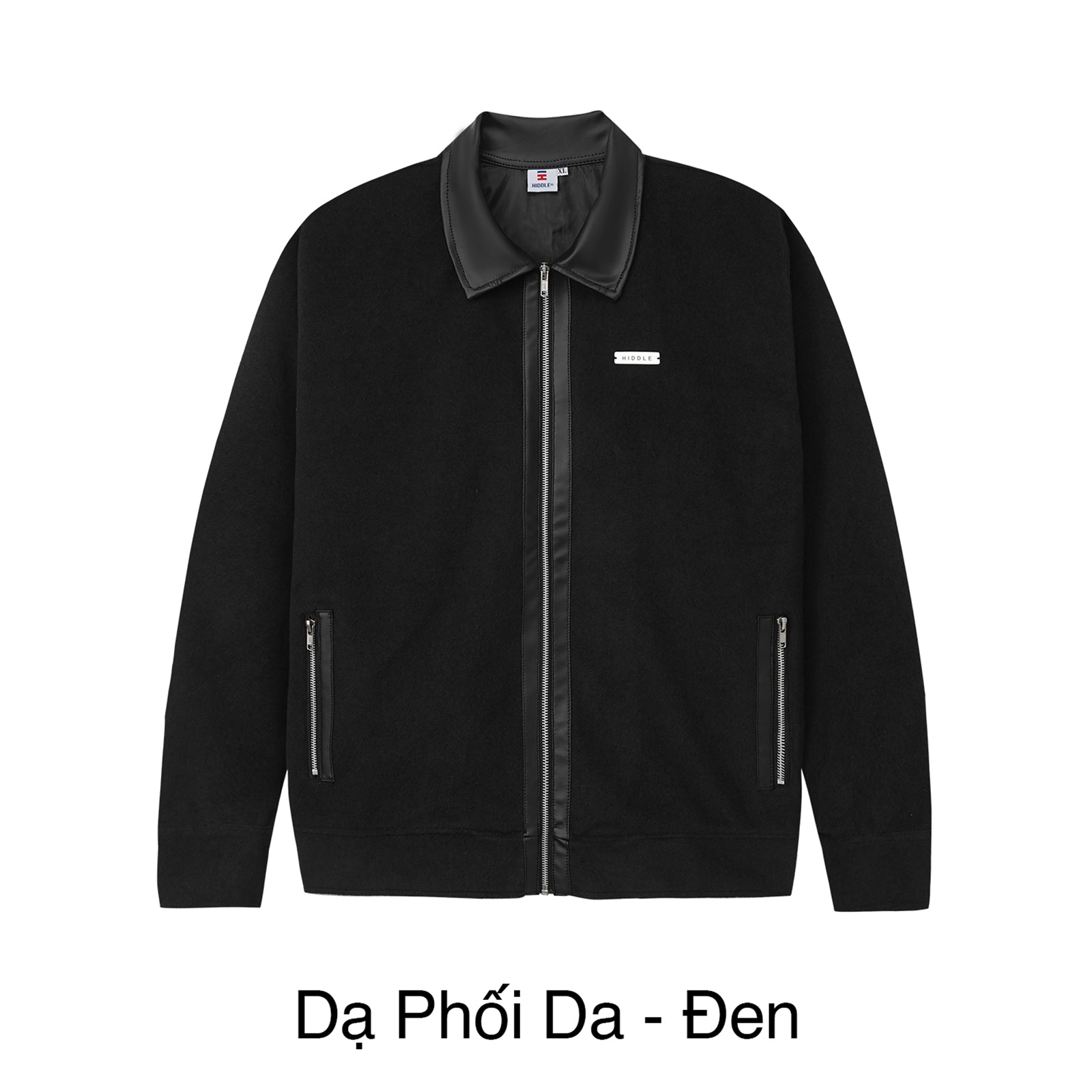 Black jacket with a brand logo on a white background