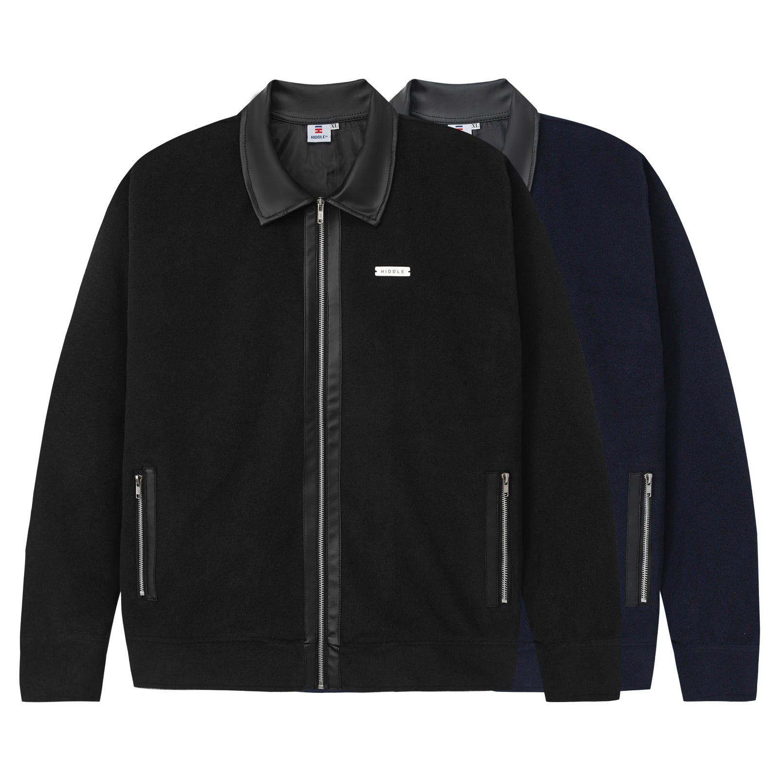 Black and navy jacket with gray collar on a white background