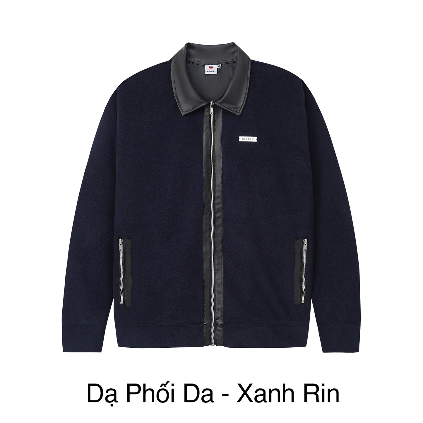 Navy blue jacket with gray collar on a white background