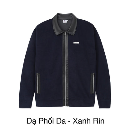 Navy blue jacket with gray collar on a white background