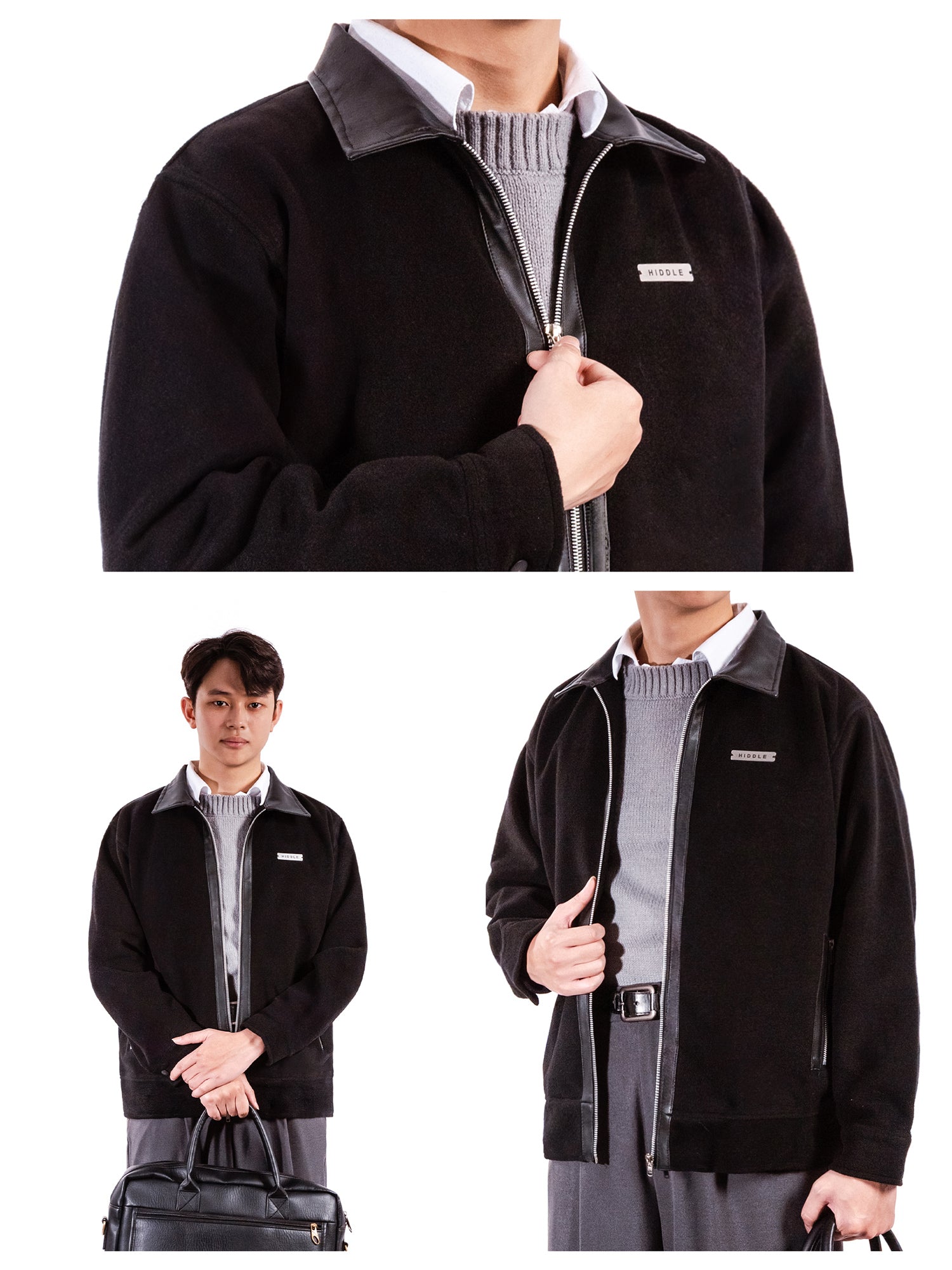 Black jacket with gray collar worn by a person, held open to show interior, and worn by a person standing with a suitcase.
