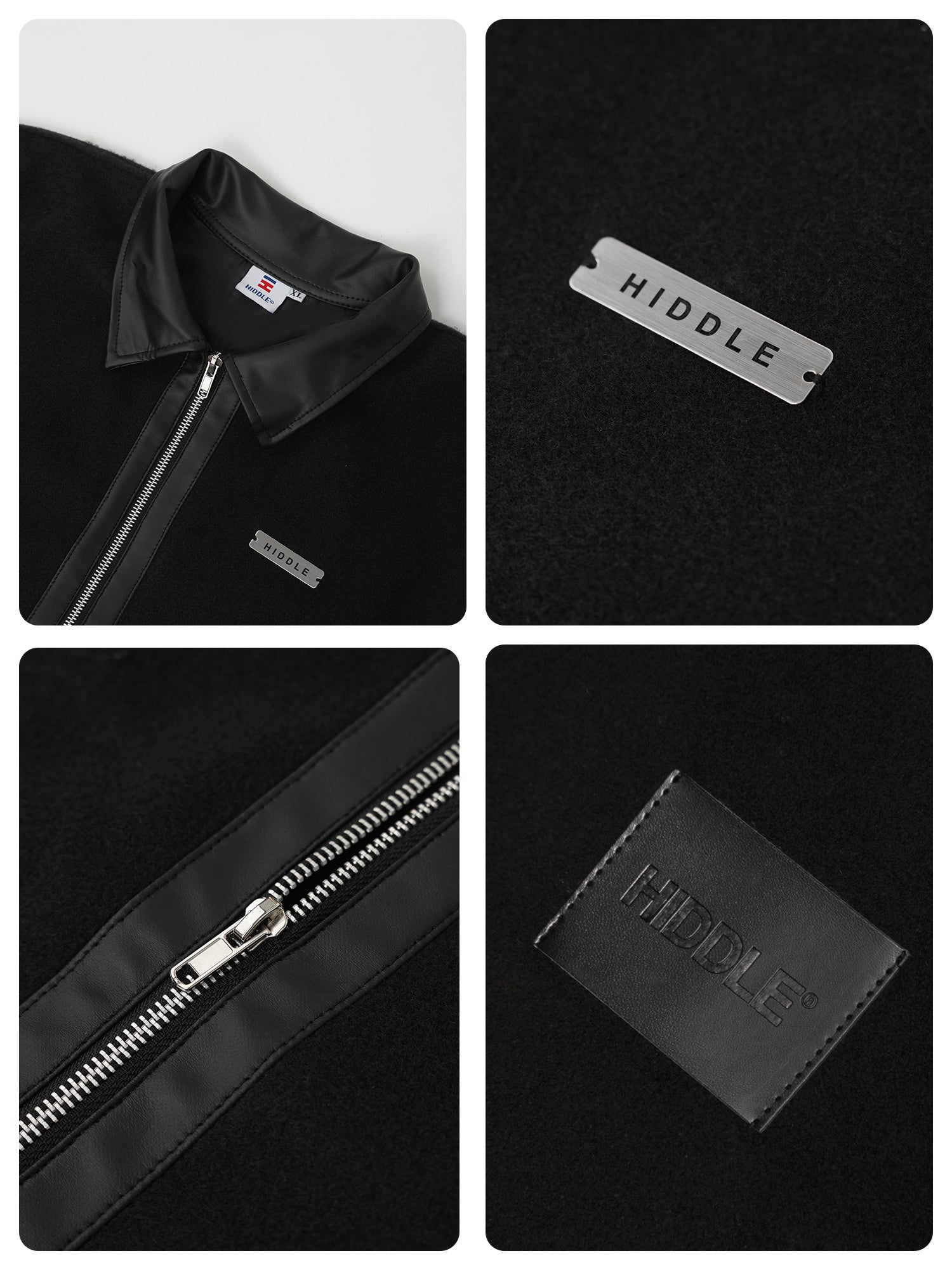 Collage of a black jacket with visible branding and 'Hiddle' label.