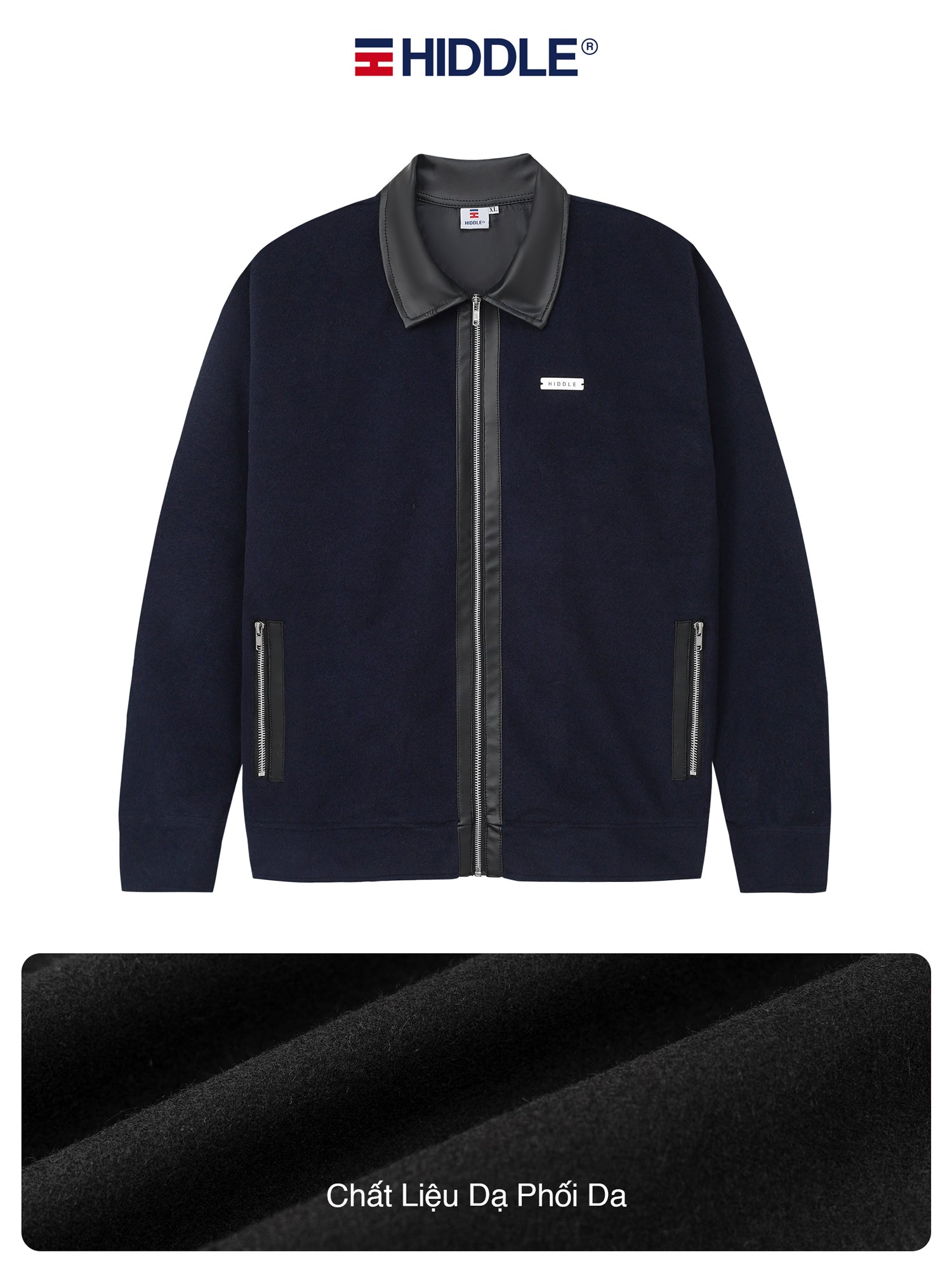 Navy blue jacket with gray collar and zipper on a white background, featuring the Hiddle brand.