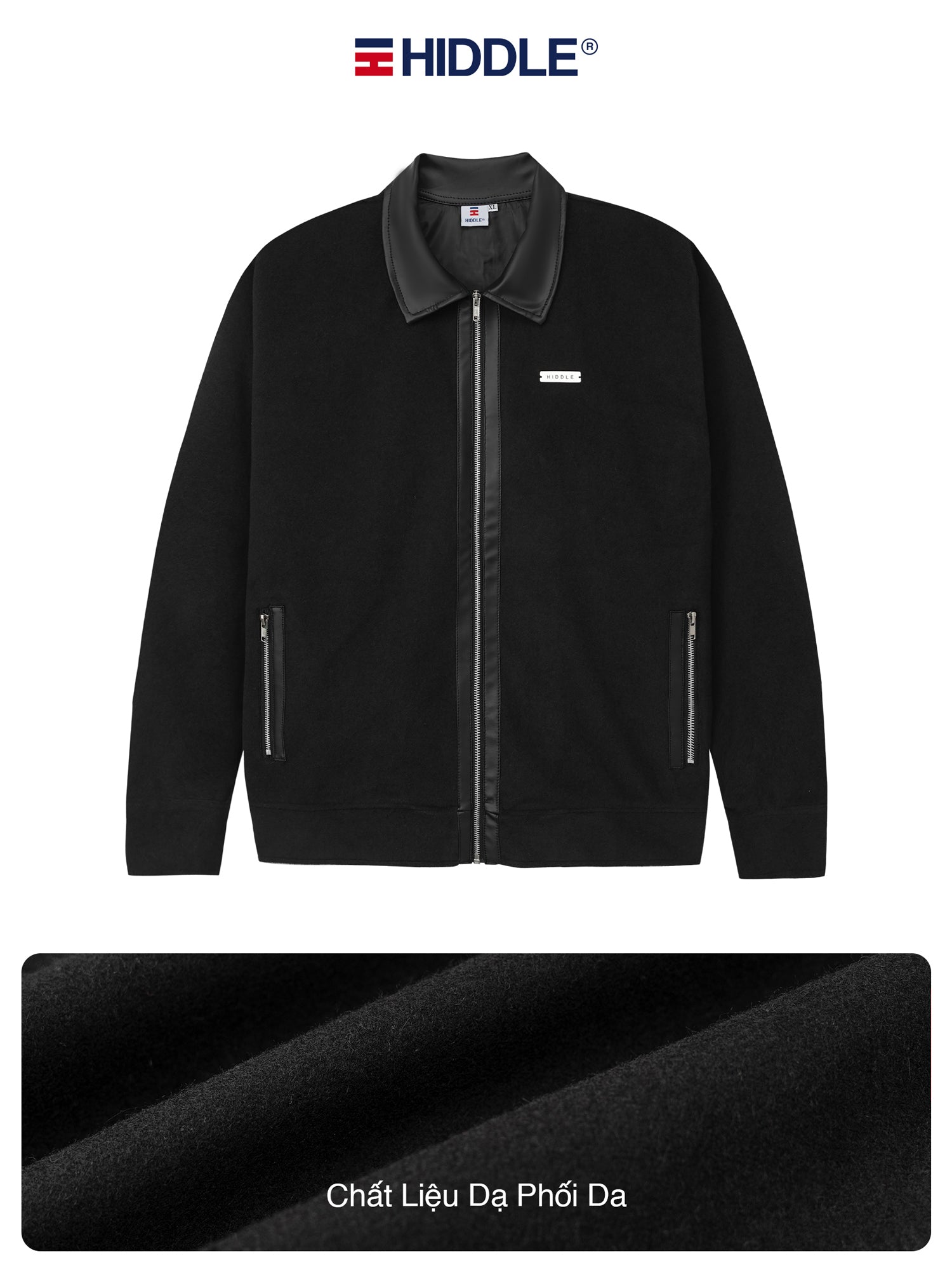 Black jacket with Hiddle logo on a white background