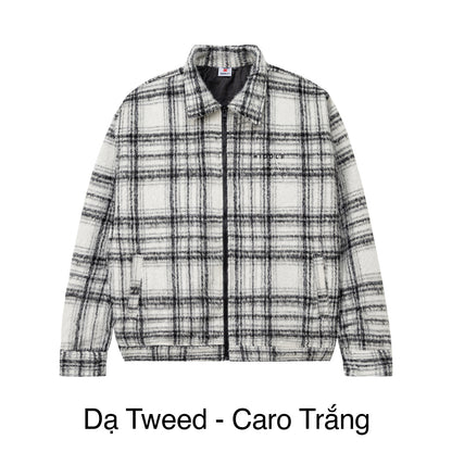 Plaid jacket with a brand logo on a white background