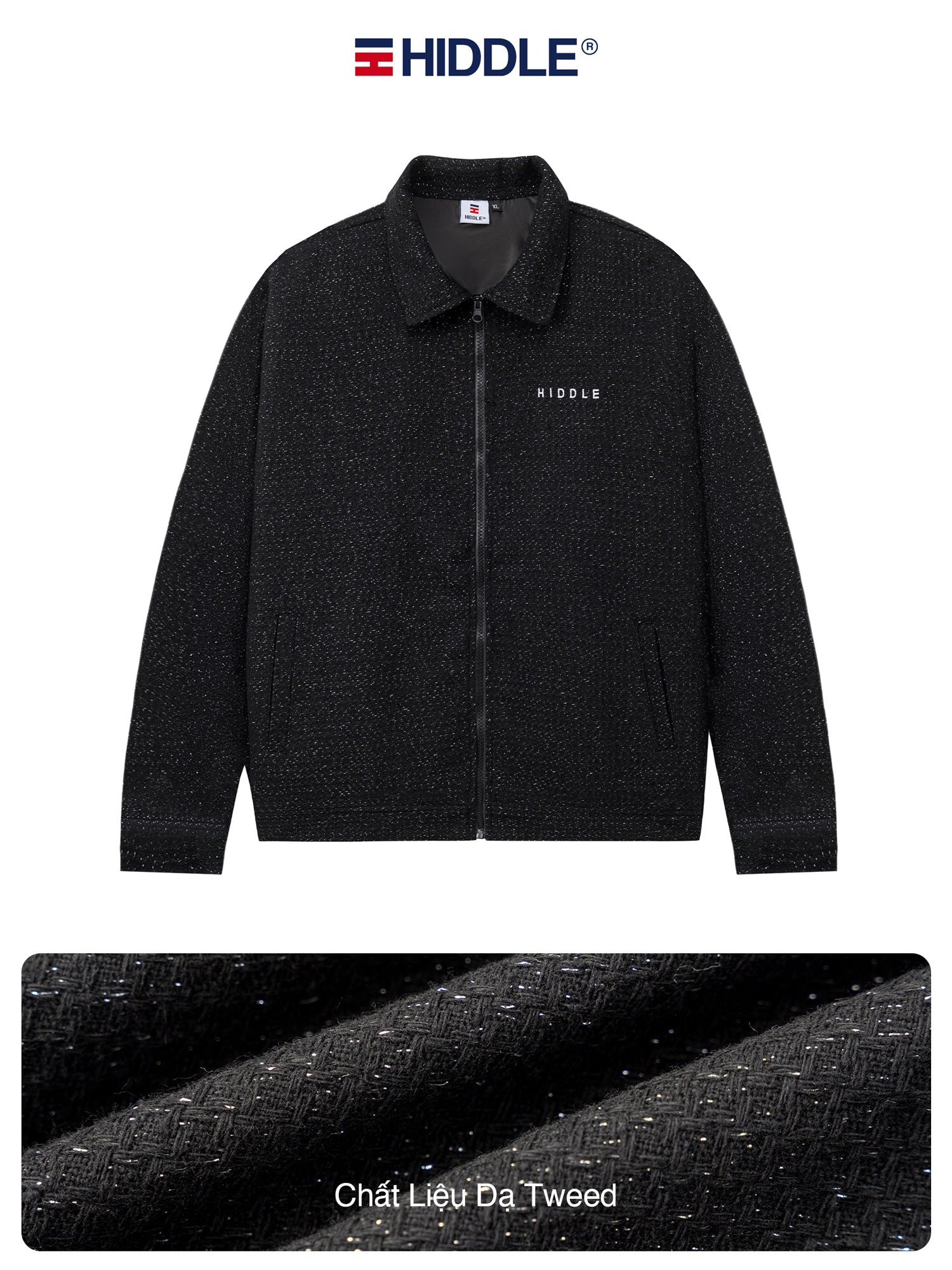 Black jacket with 'Hiddle' branding on a white background