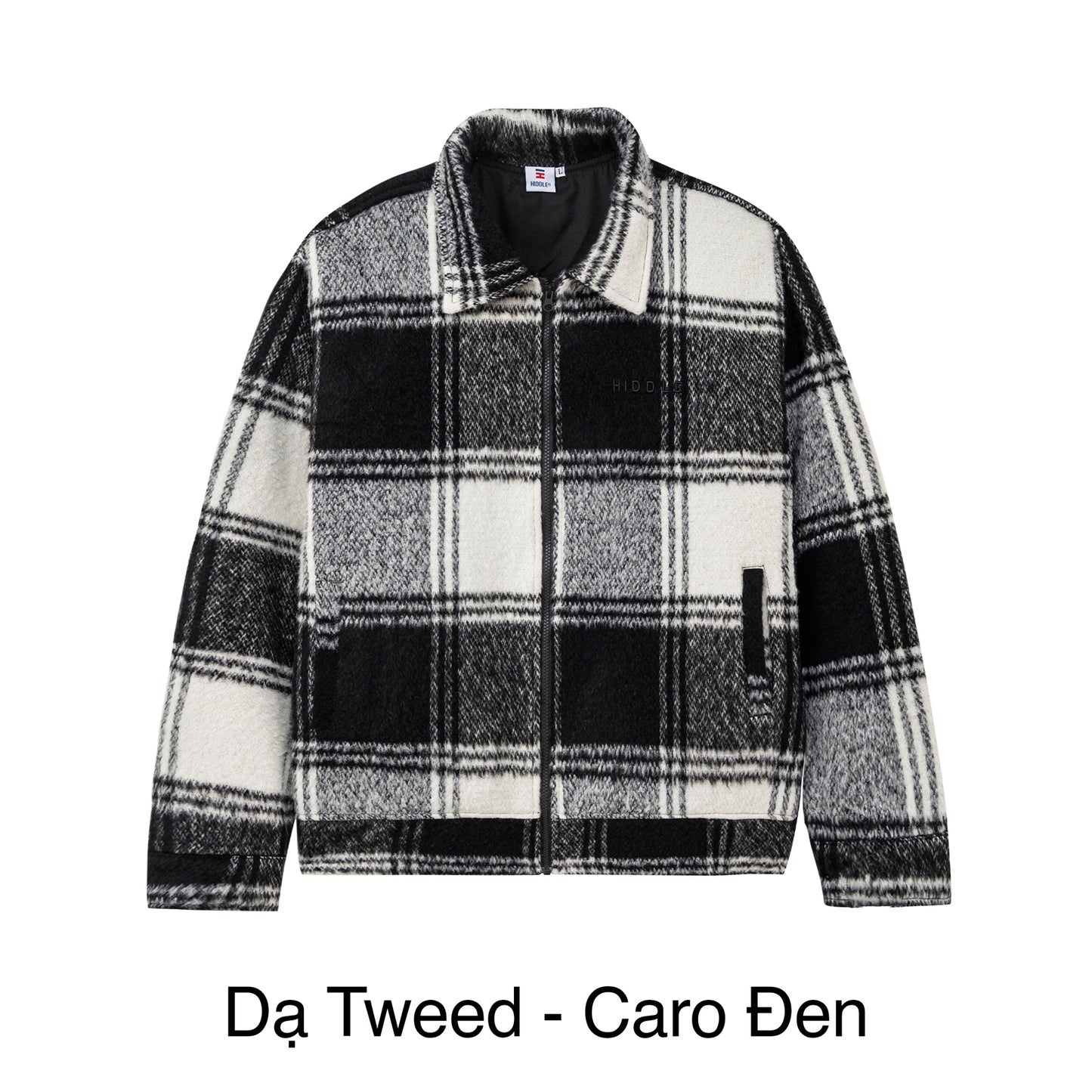 Plaid jacket with black, white, and gray pattern on a white background