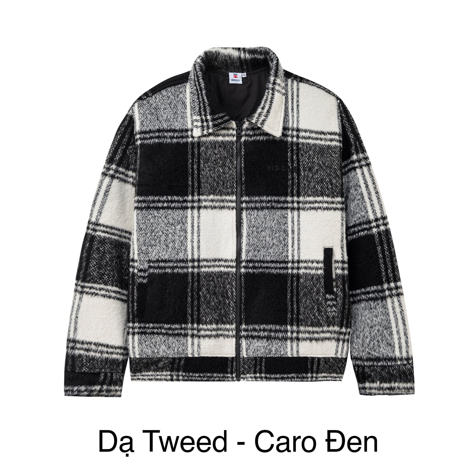 Plaid jacket with black, white, and gray pattern on a white background