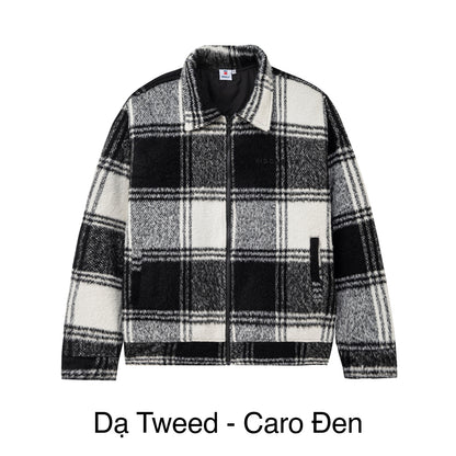 Plaid jacket with black, white, and gray pattern on a white background