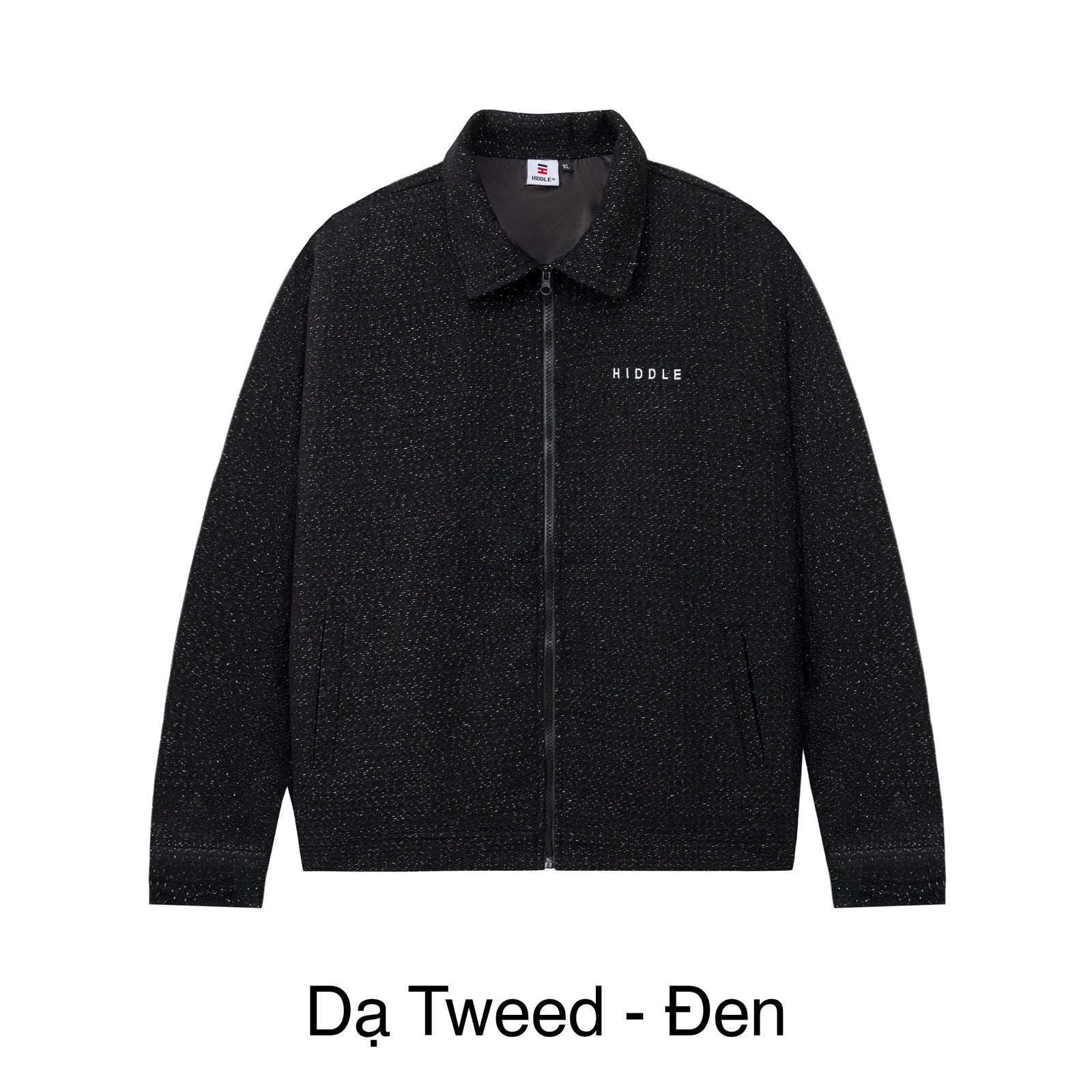 Black tweed jacket with a brand logo on a white background
