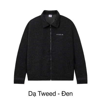 Black tweed jacket with a brand logo on a white background