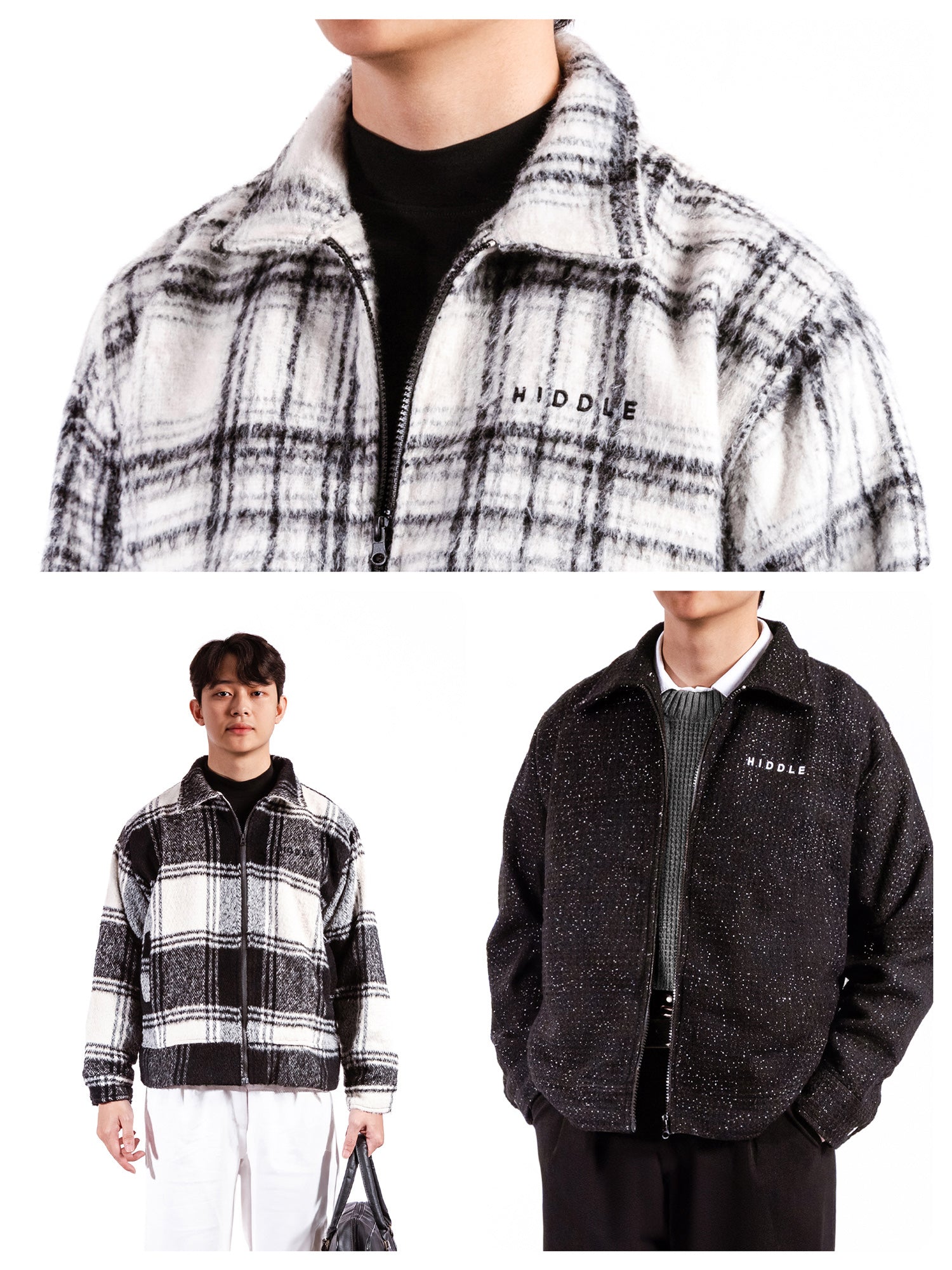 Plaid jacket with 'MIDDLE' branding worn by a person on a white background