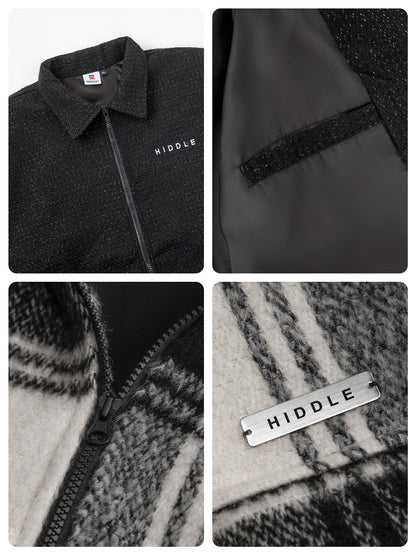 Collage of a black jacket with 'Hiddle' branding on various parts.